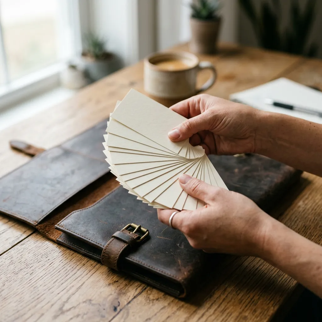 Choosing the right AI meeting assistant — fanned business cards above a leather portfolio