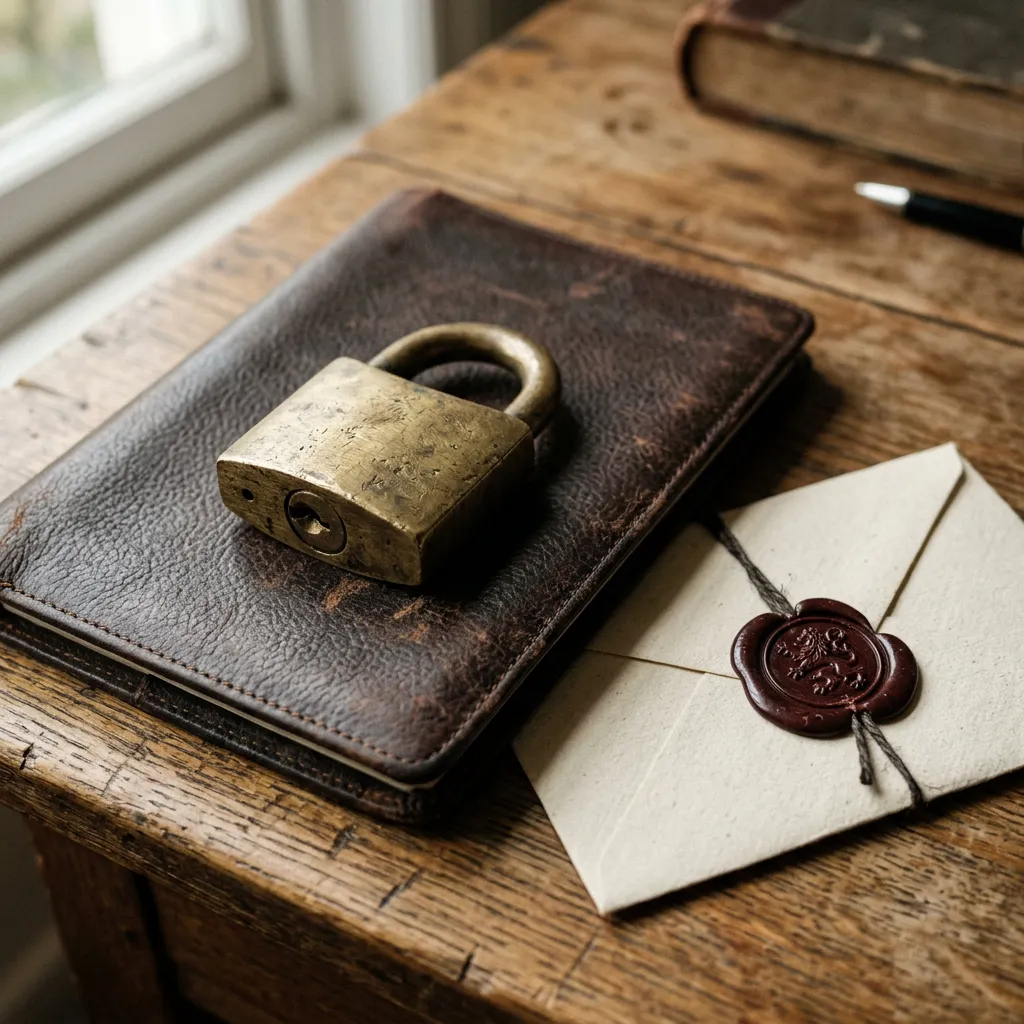 Brass padlock on leather portfolio with wax-sealed envelope — compliance
