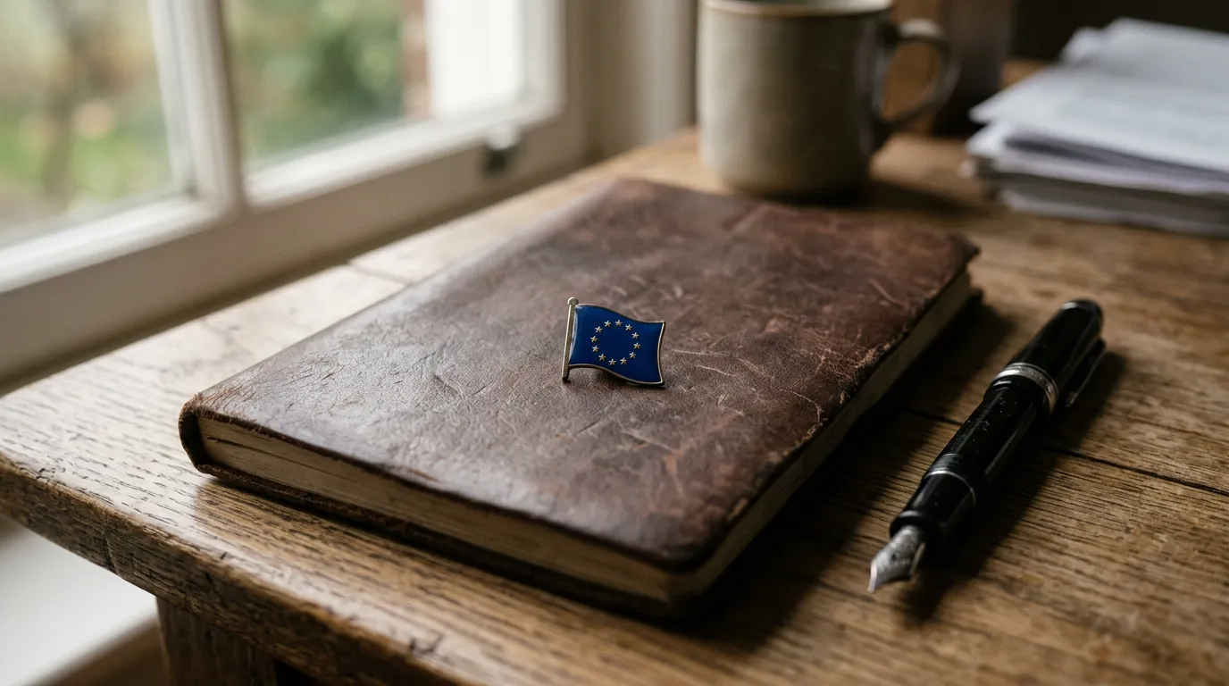 Small EU flag pin on a closed leather notebook — top EU choice