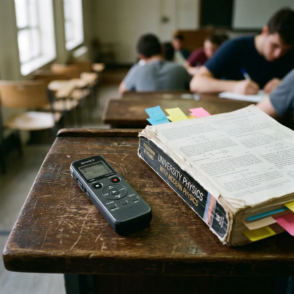 Recording lectures with AI — handheld voice recorder beside physics textbook