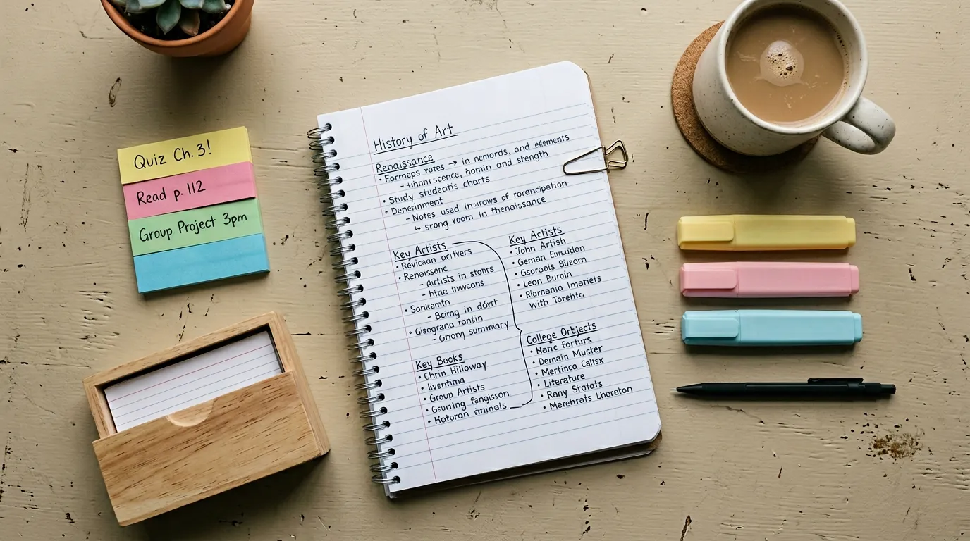 Student study setup — color-coded sticky notes, highlighters, and notebook