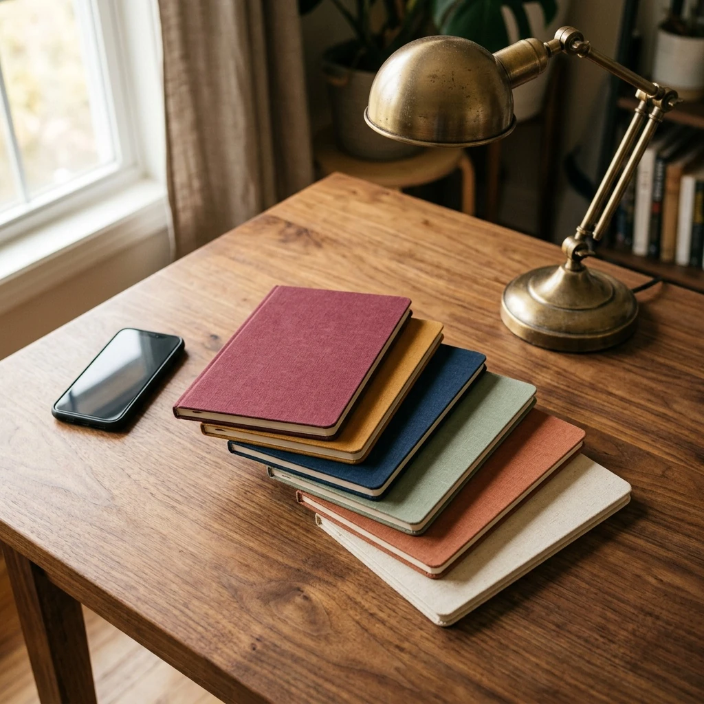 Stack of notebooks and a phone on a desk representing meeting tool comparison