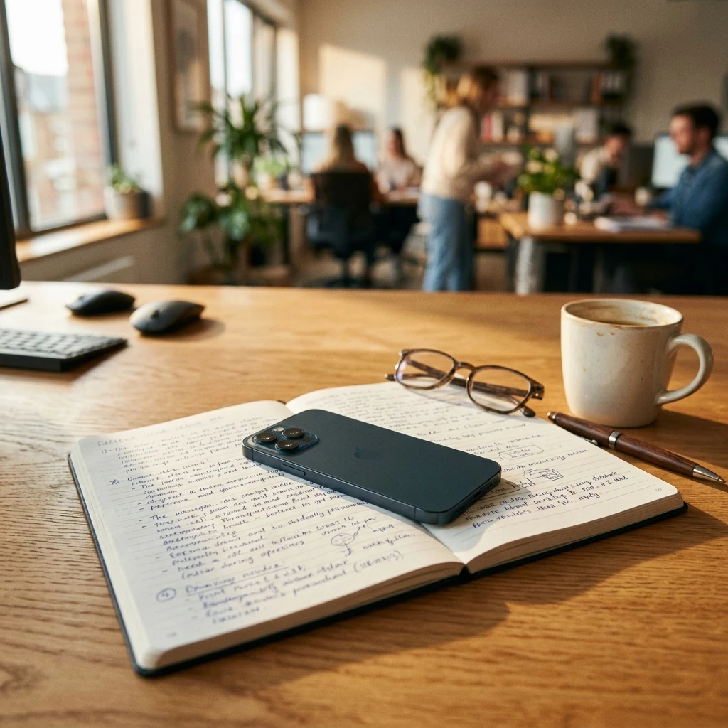 Phone showing CraftNote app on a desk next to a notebook