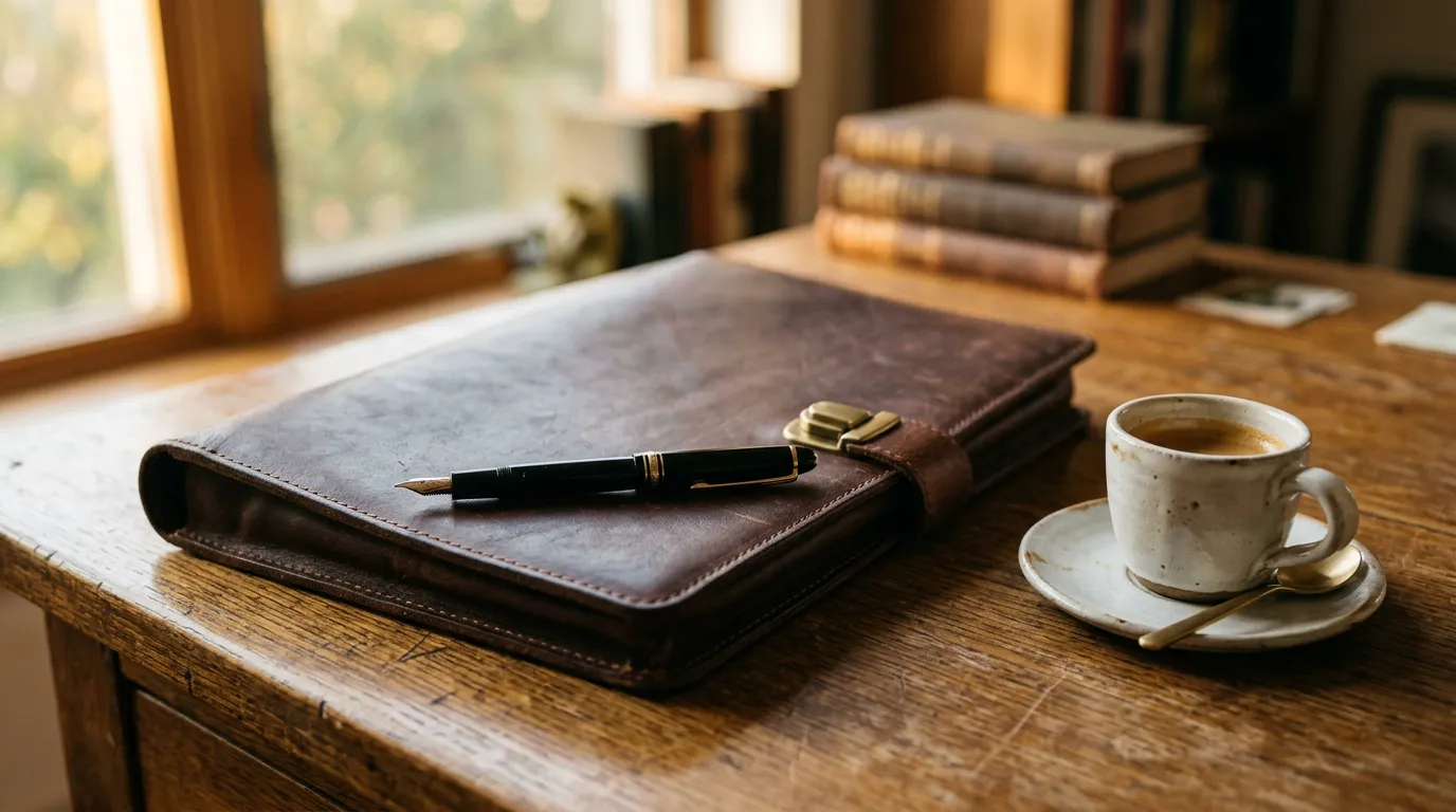 Closed leather business portfolio with fountain pen and espresso cup — end of meeting