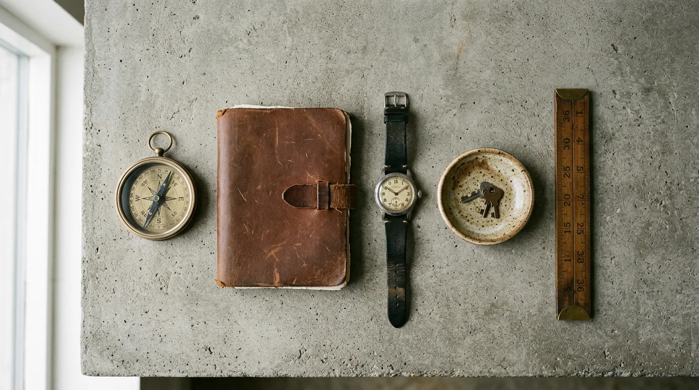 Five abstract tools laid out for comparison — flat-lay of objects on a slate surface
