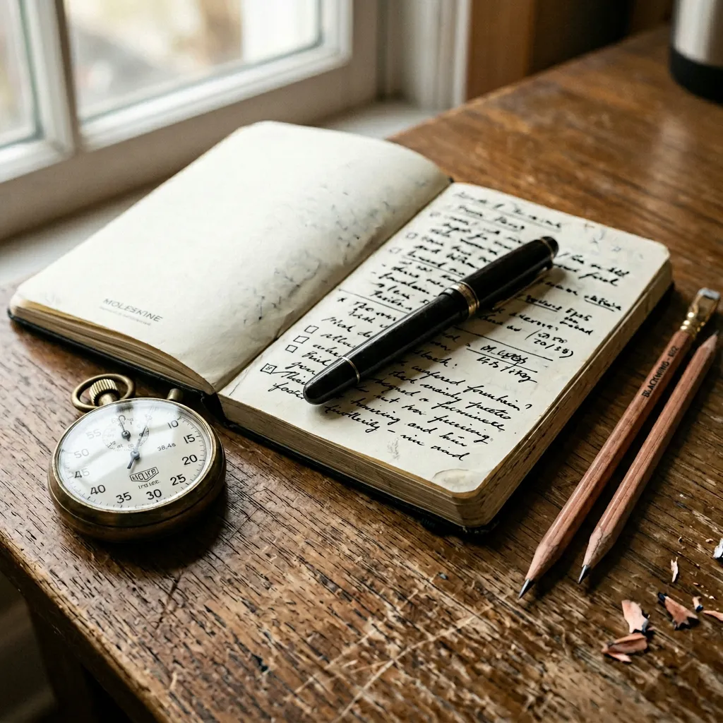 Testing AI productivity tools — vintage stopwatch beside Moleskine notebook with handwritten observations