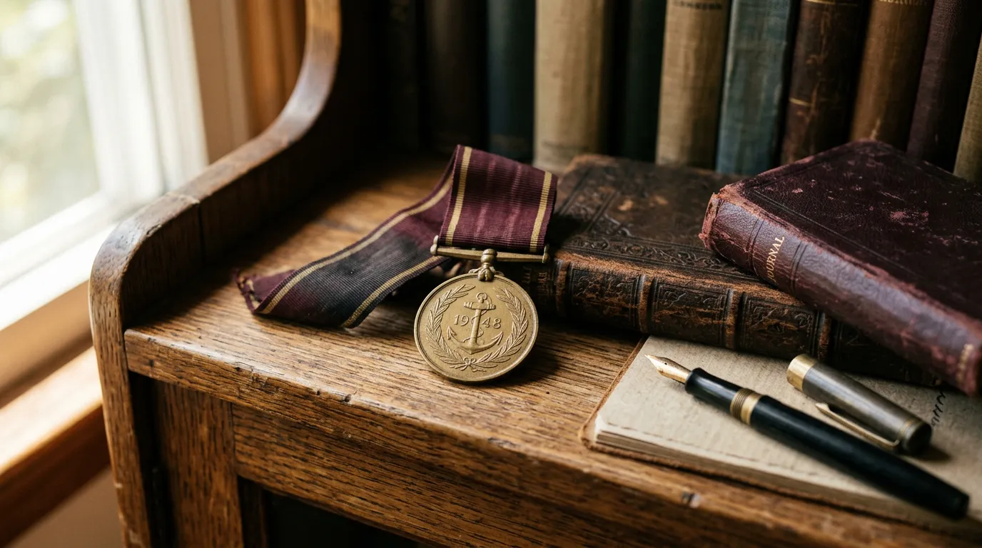 Final verdict — vintage brass medal resting on leather journals with fountain pen