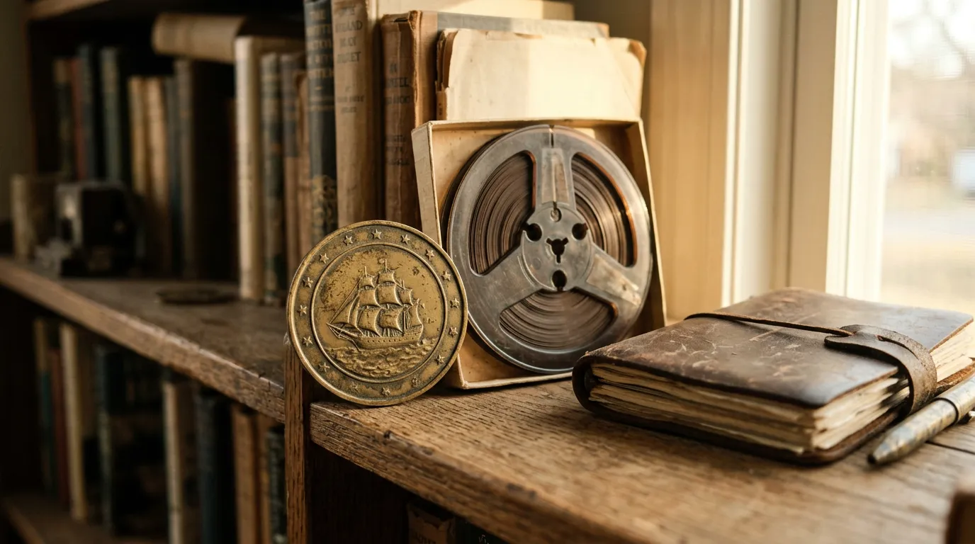 Brass medallion beside vintage tape reel — top pick