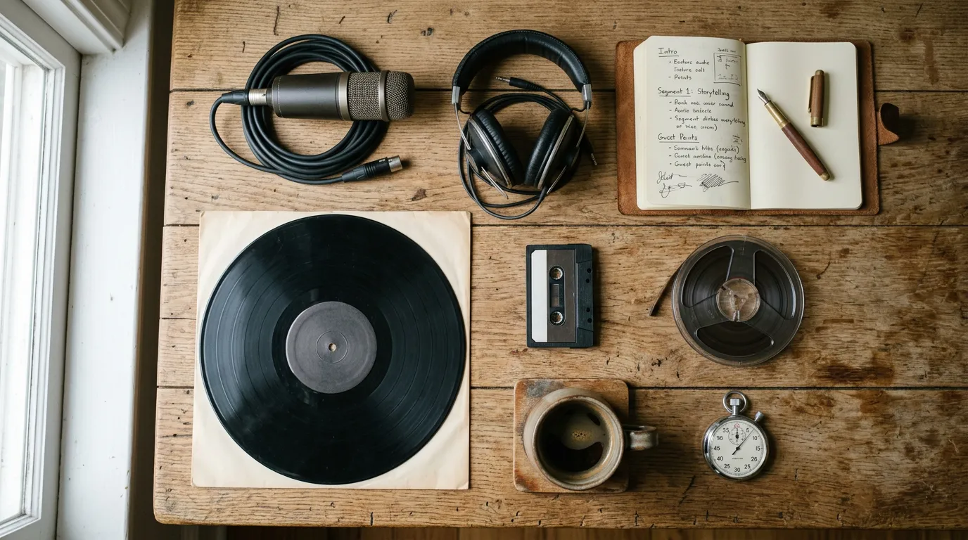 Nine podcast-themed objects laid out in a flat-lay