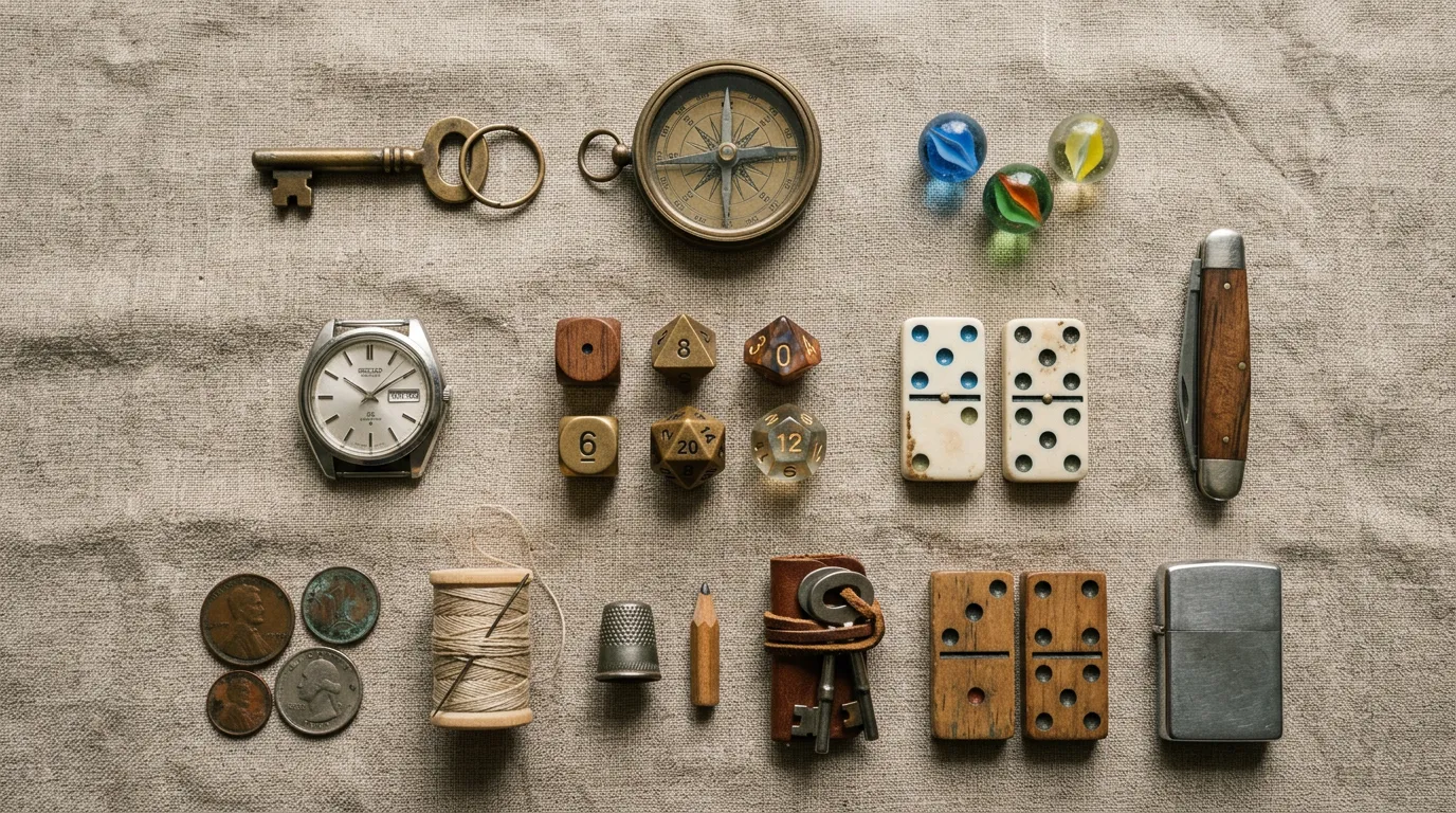 Thirteen distinct objects in a flat-lay representing alternative tools