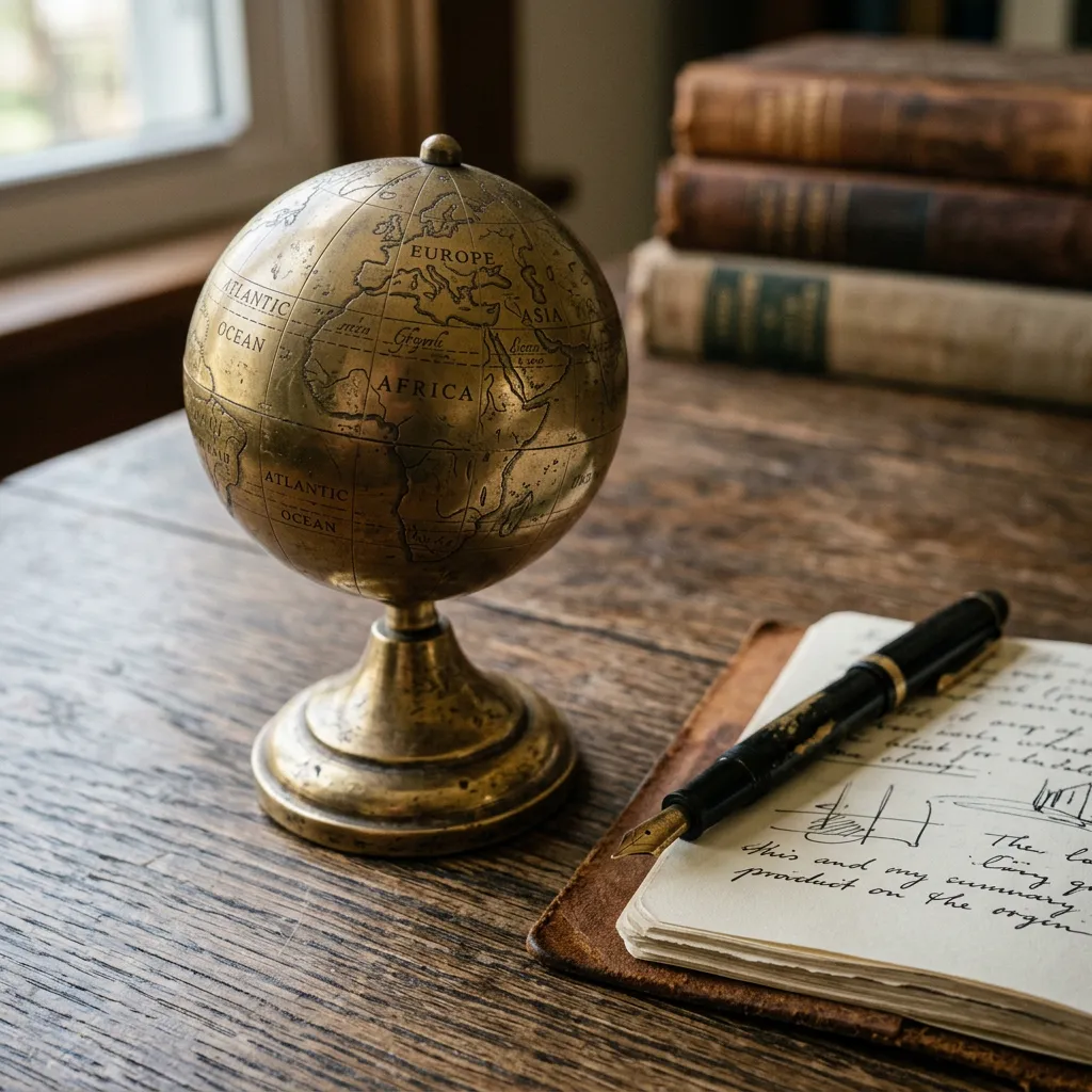 Vintage brass globe paperweight on a wooden desk — multilingual transcription
