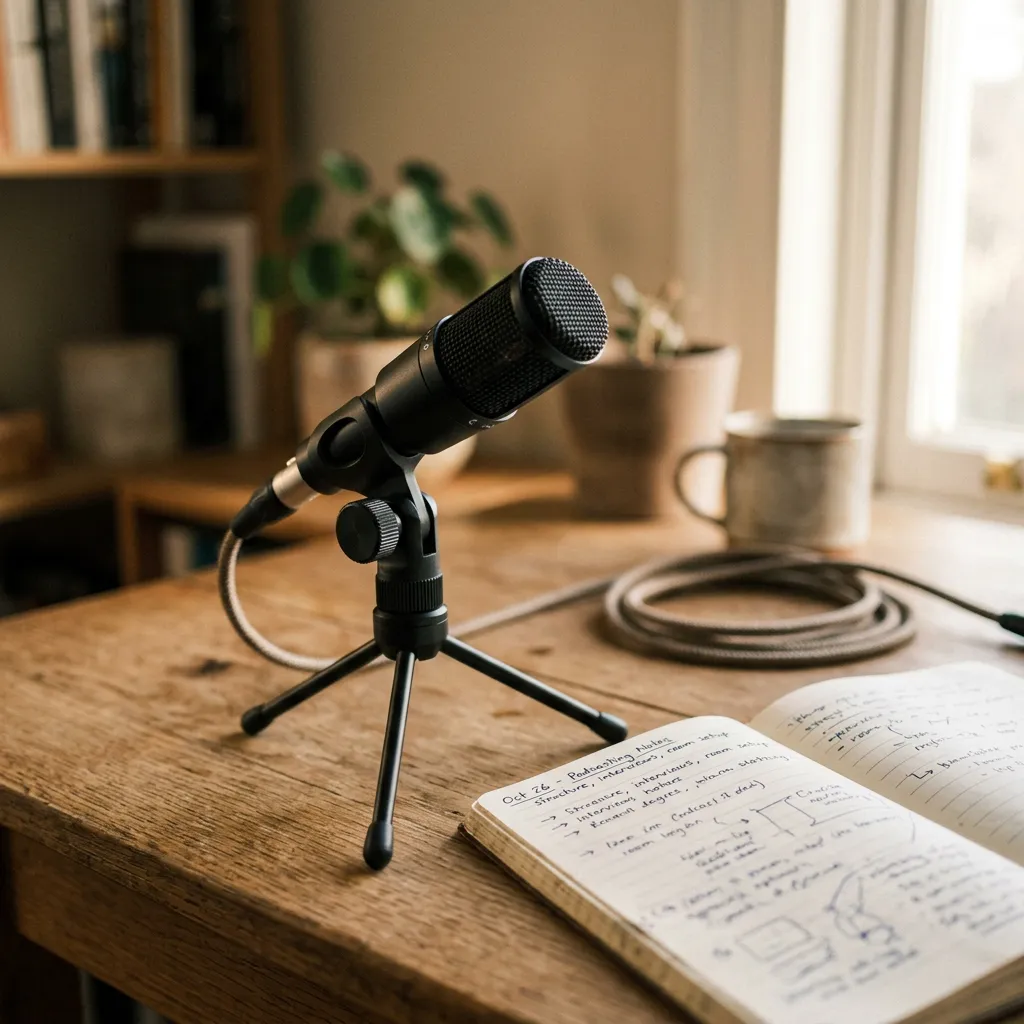 Condenser microphone on a desk stand — recording setup