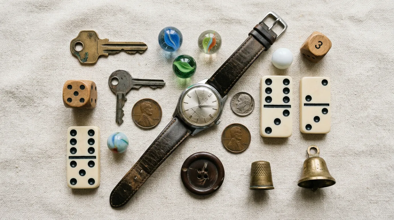 Fifteen distinct small objects in a flat-lay representing CS tools