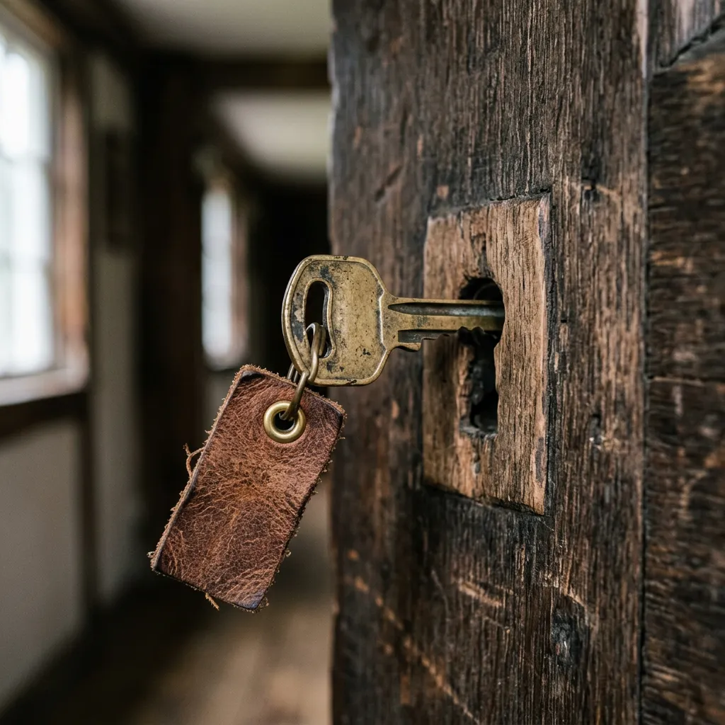 Brass key in wooden lock with leather tag — momentum and forward motion