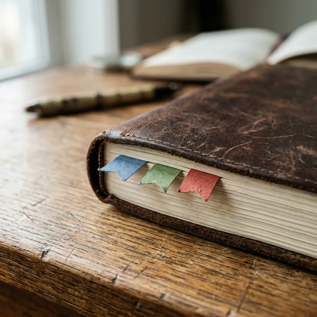 Color-tagged paper flags peeking out of a closed leather notebook — workflow tags