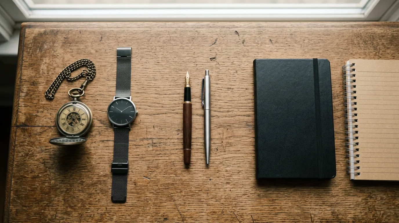 Three pairs of contrasting objects — comparison flat-lay