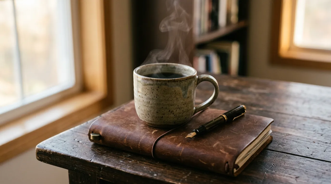 Steaming ceramic mug on a closed leather notebook with fountain pen — end-of-article still life