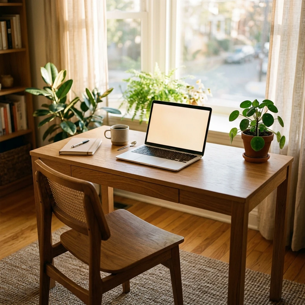 Empty office chair at a desk with an active laptop and meeting in progress