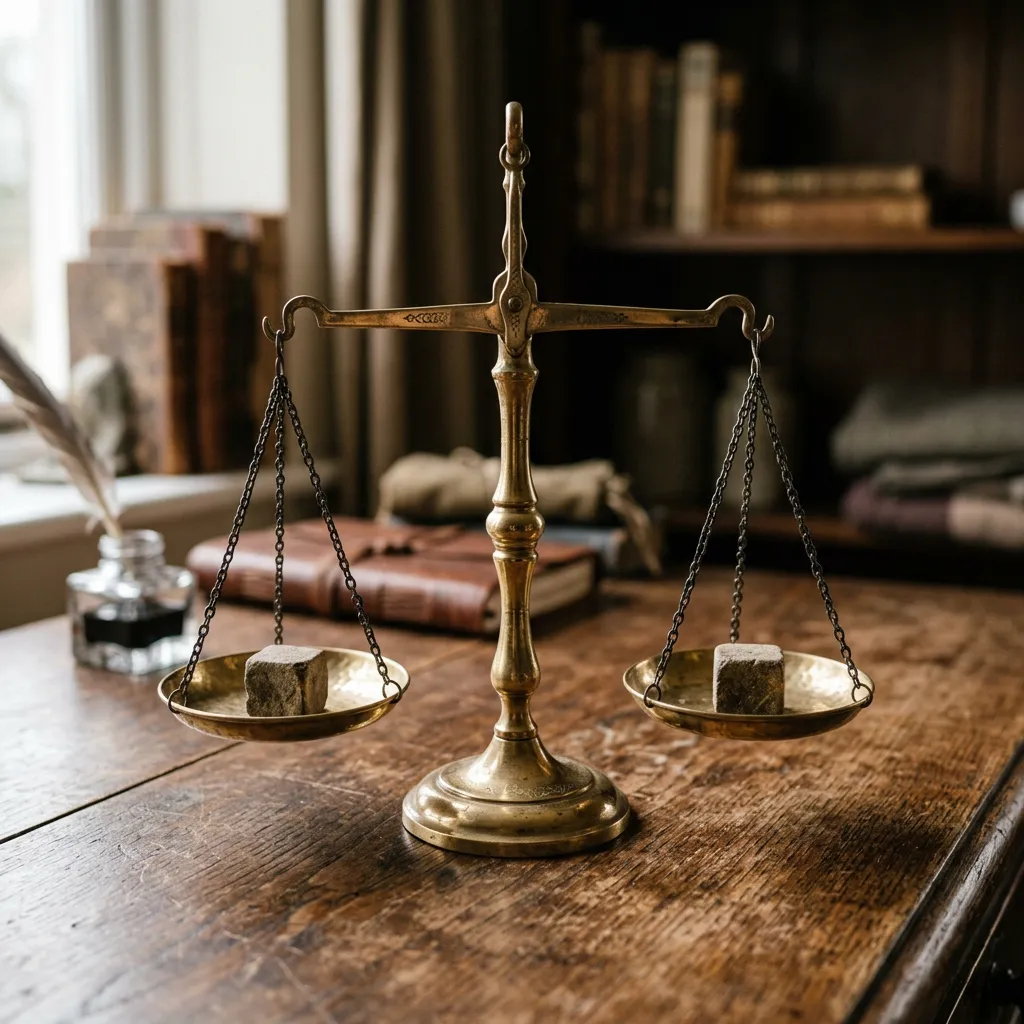 Brass scale of justice perfectly balanced — objective vs interpretation